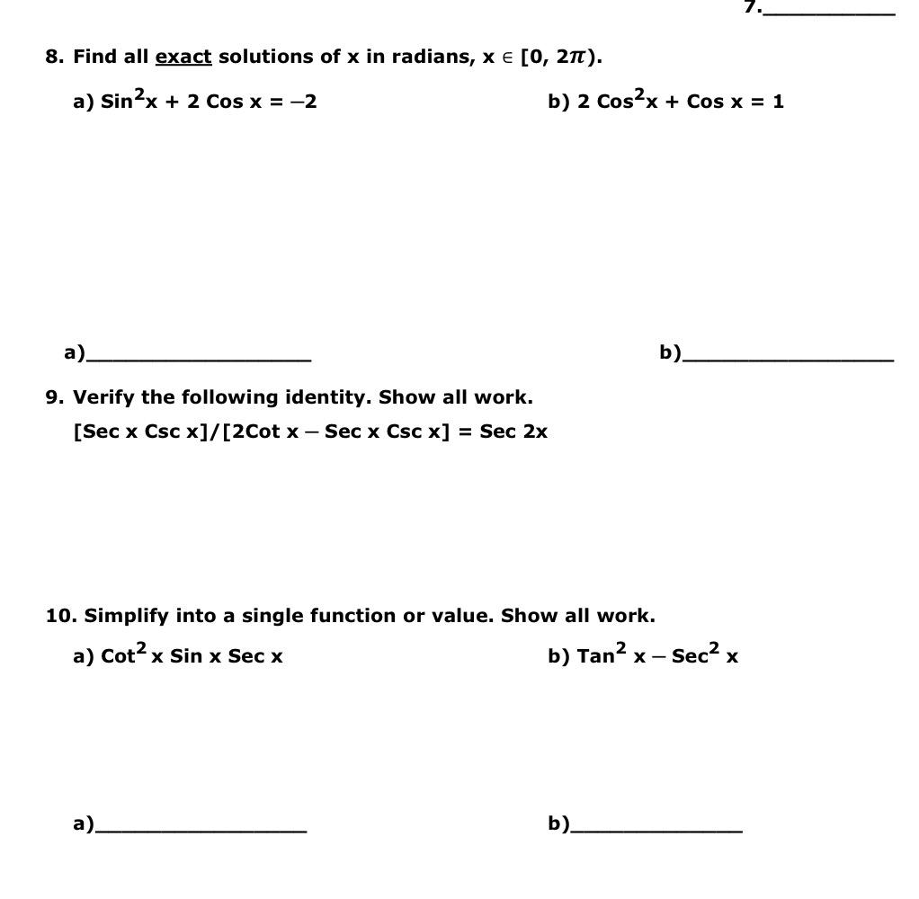 Solved 8. Find all exact solutions of x in radians, | Chegg.com