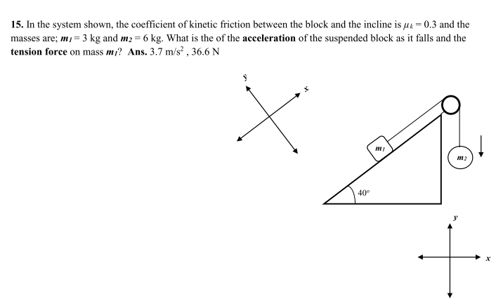 15. In the system shown, the coefficient of kinetic friction between the block and the incline is ? = 0.3 and the
masses are;