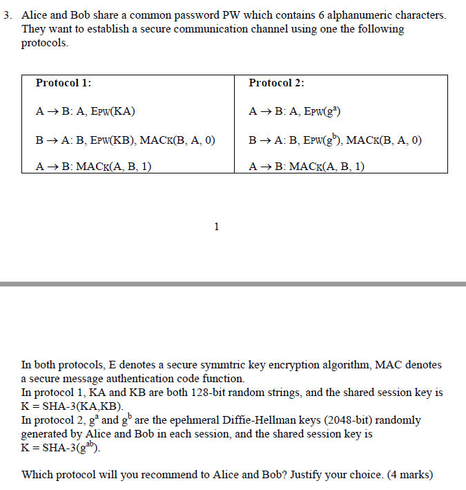 Solved 3. Alice And Bob Share A Common Password PW Which | Chegg.com