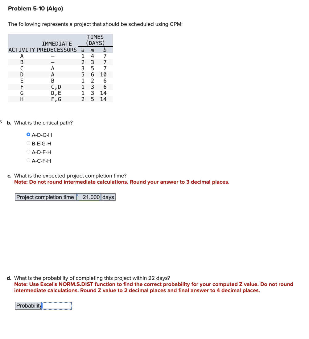 Solved Problem 5-10 (Algo)The Following Represents A Project | Chegg.com