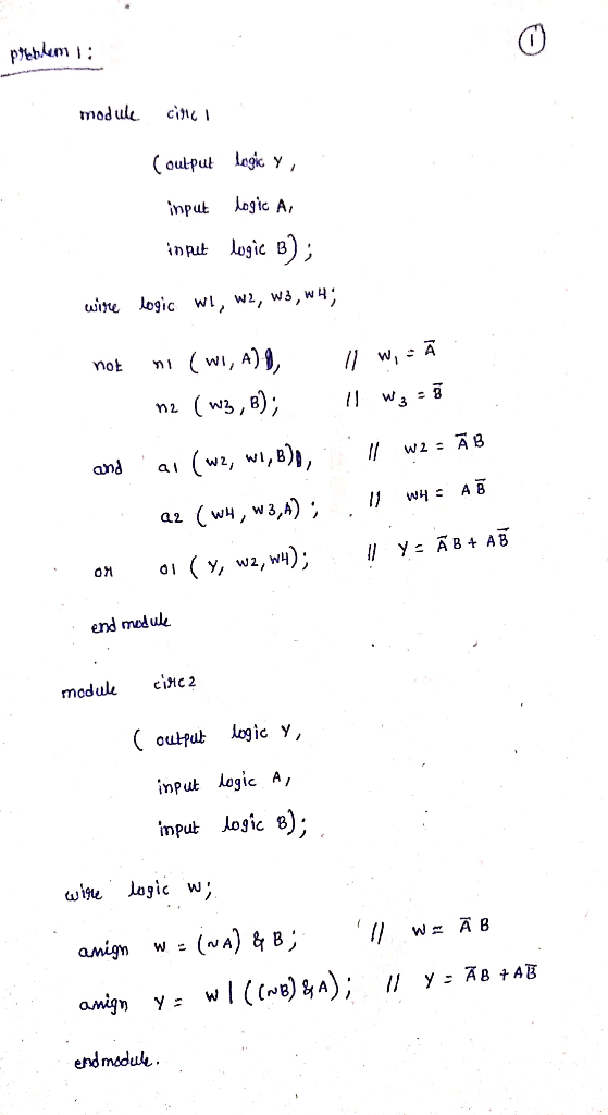 pblem 1: modul cinci (output logicy, input in put logic A, logic B); wine logic WL, W2, W3,W4; not ni (WI, A)), llw, = A n2 (