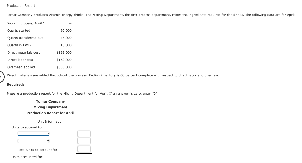 Solved Production Report Tomar Company Produces Vitamin Chegg