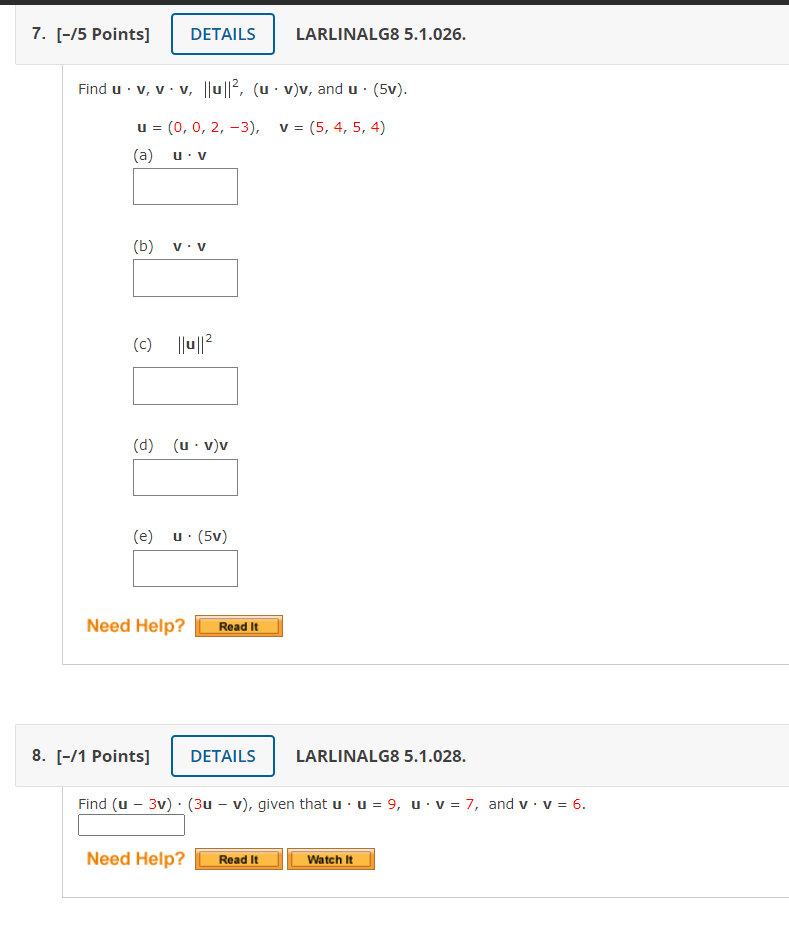 Solved 7. [-/5 Points] LARLINALG8 5.1.026. V)v, And U. (5v). | Chegg.com