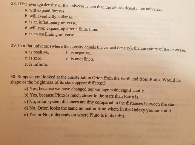 Solved 28. If the average density of the universe is less | Chegg.com