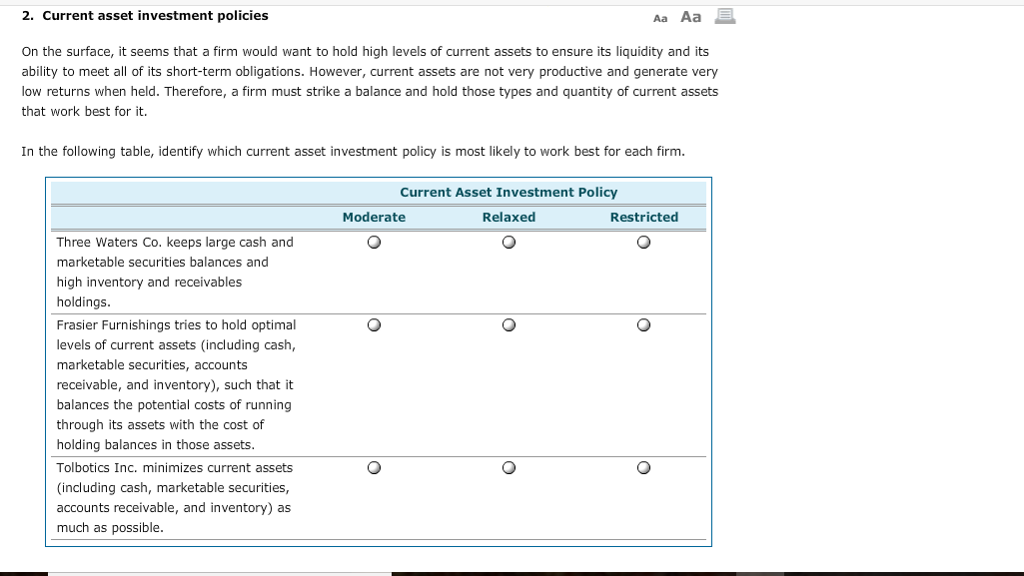 Solved 2. Current asset investment policies Aa Aa On the | Chegg.com