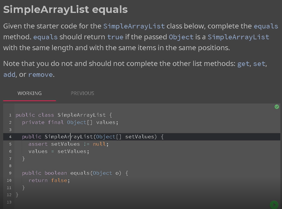Solved SimpleArrayList equals Given the starter code for the | Chegg.com