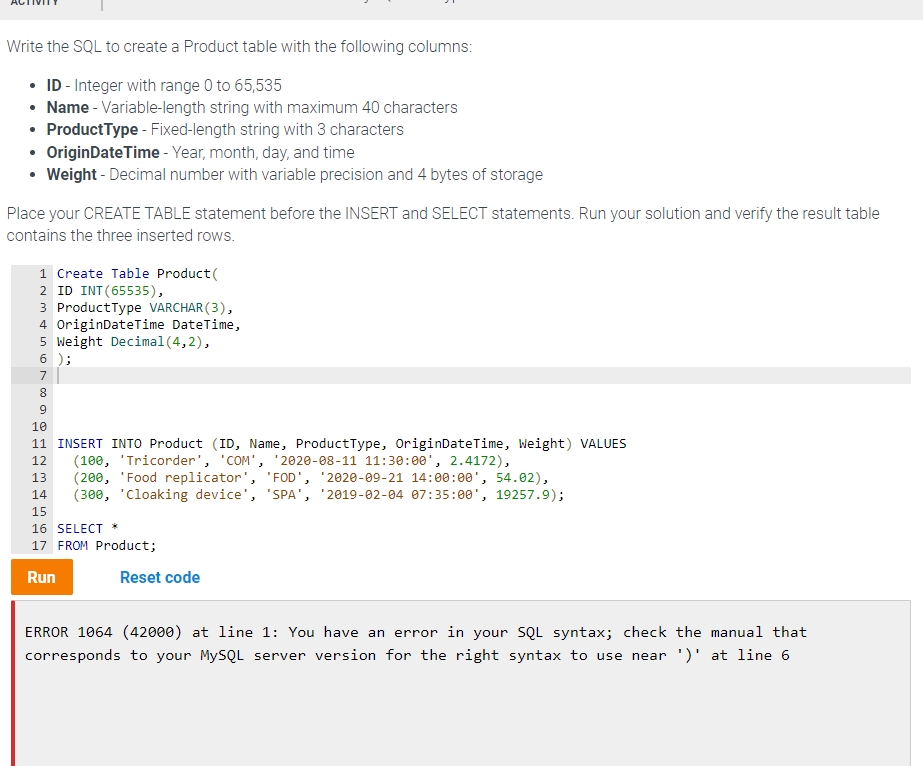 Solved Why am I getting this error code for my SQL Code? | Chegg.com