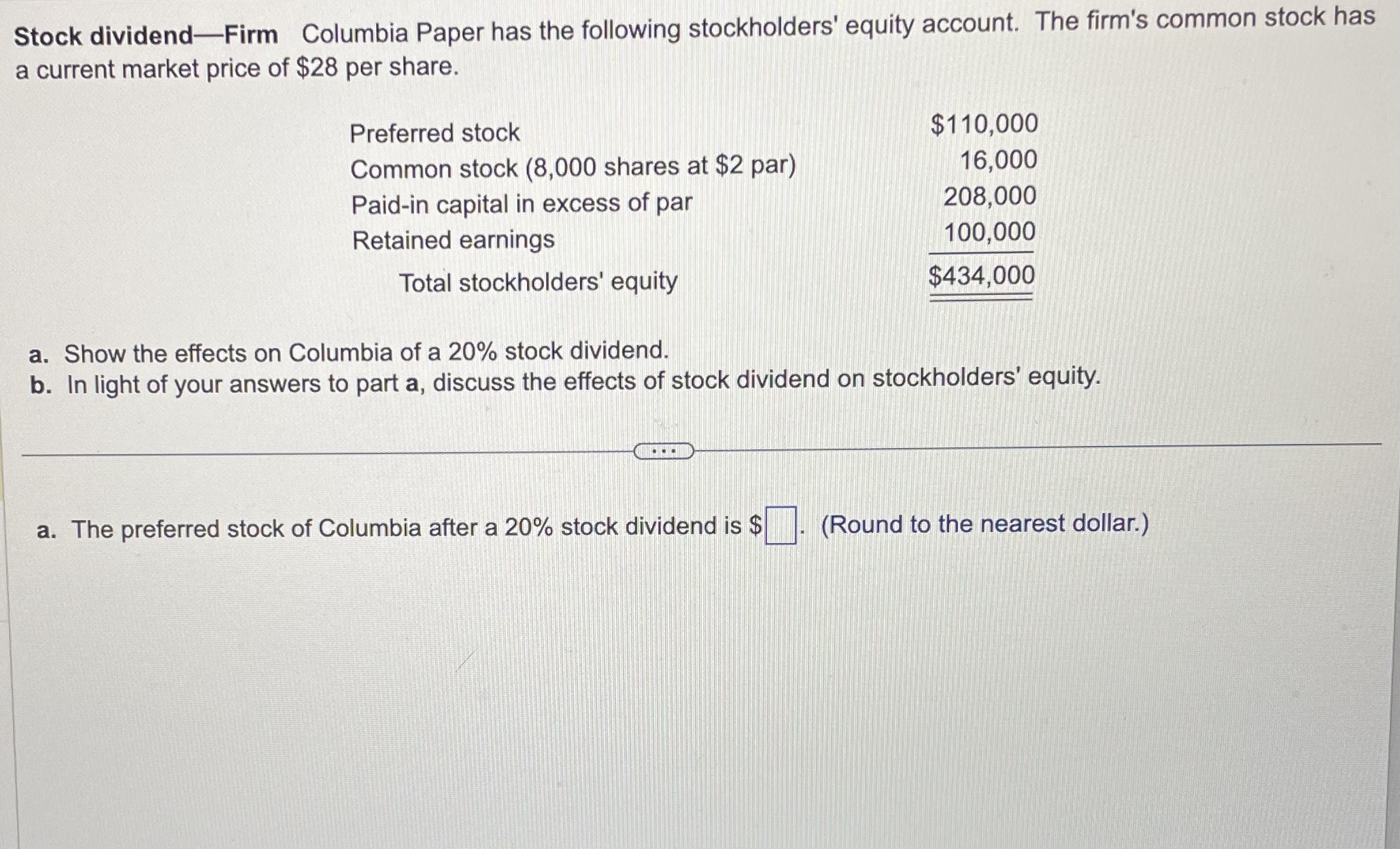 Solved Stock dividend-Firm Columbia Paper has the following | Chegg.com