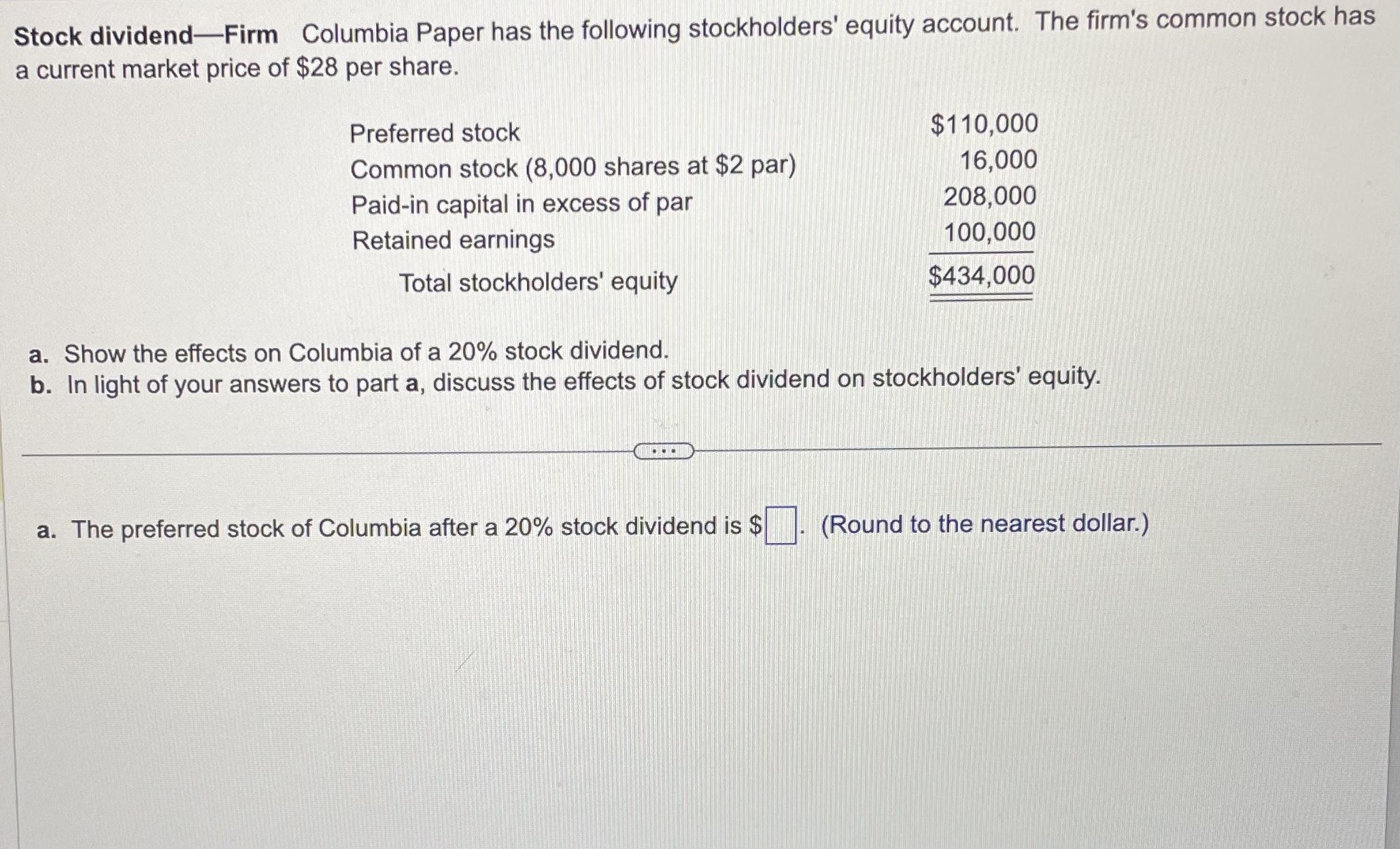 Solved Stock Dividend-Firm Columbia Paper Has The Following | Chegg.com