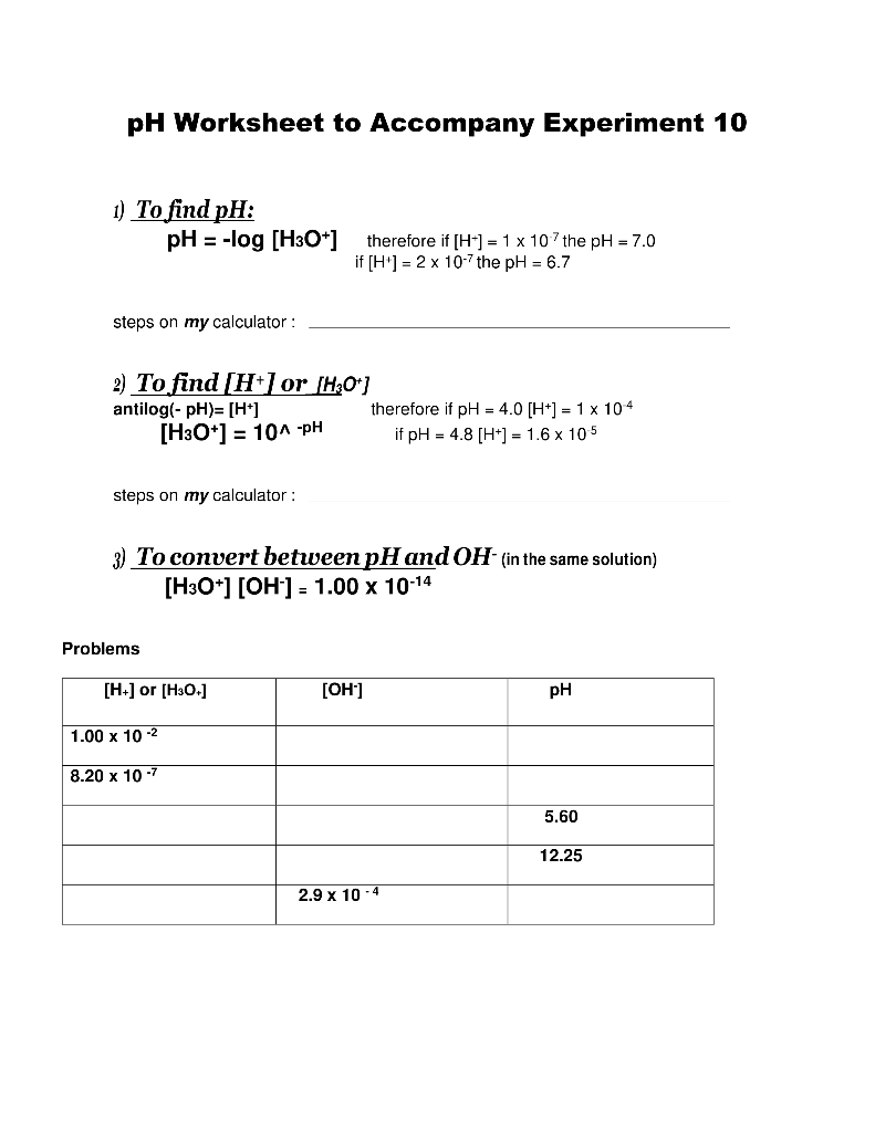 Solved pH Worksheet to Experiment 10 1) To find