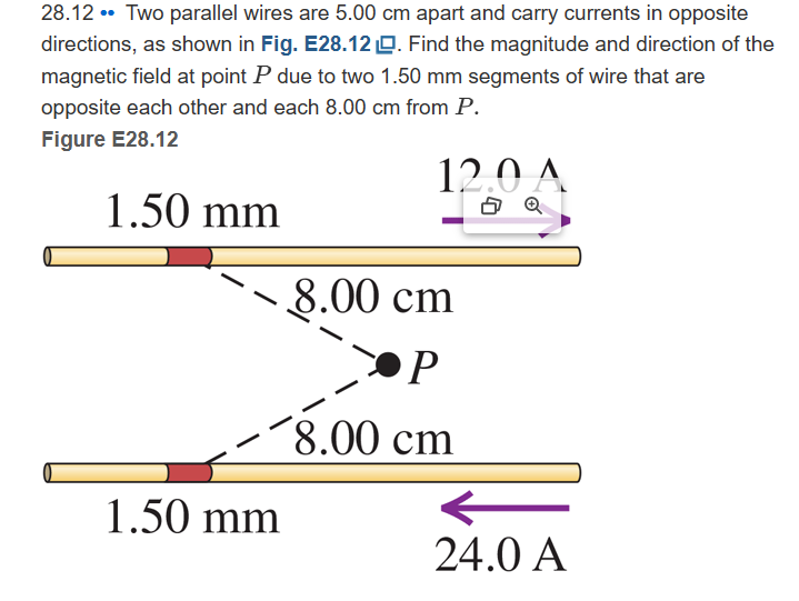 Solved 28.12∙ Two parallel wires are 5.00 cm apart and carry | Chegg.com