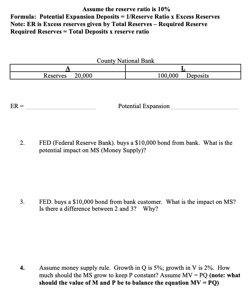 Solved Assume the reserve ratio is 10 Formula Potential