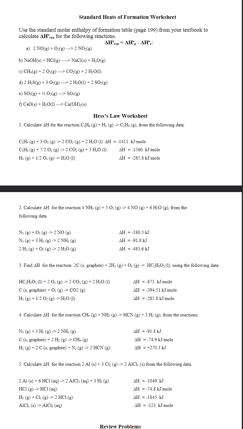 Solved Standard Heats of Formation Worksheet Use the