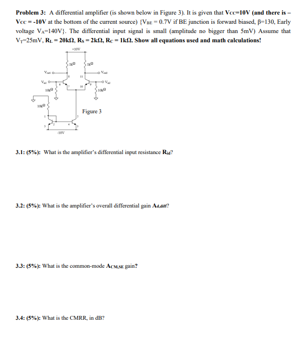 Solved Problem 3: A differential amplifier is shown below in | Chegg.com