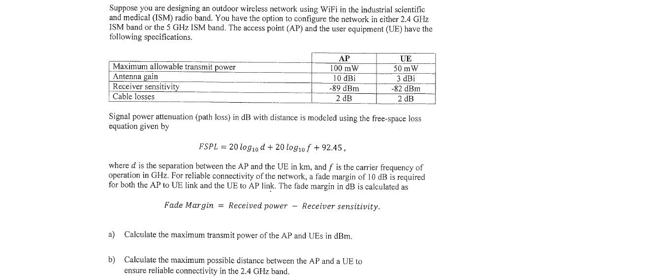 Solved Suppose you are designing an outdoor wireless network | Chegg.com