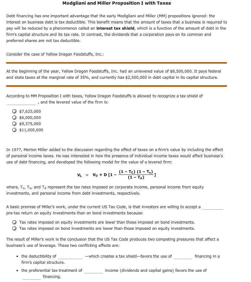 Solved Modgliani And Miller Proposition I With Taxes Debt 9278