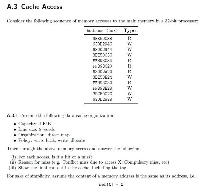 Solved A.3 Cache Access a Consider the following sequence of | Chegg.com