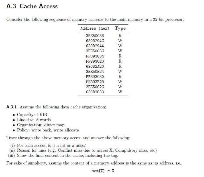 Solved A.3 Cache Access A Consider The Following Sequence Of | Chegg.com