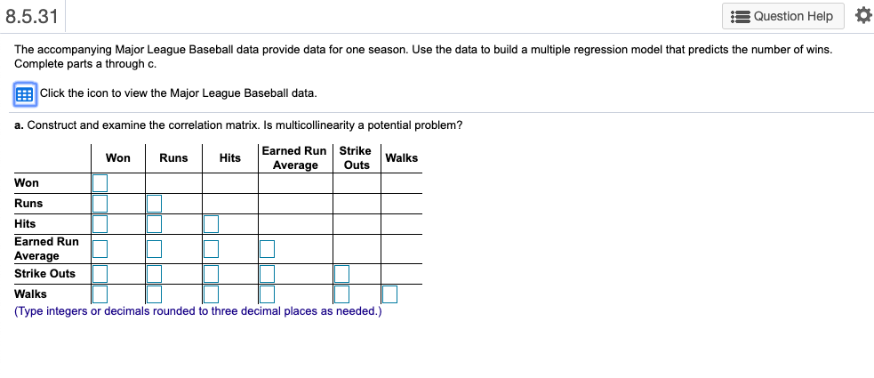 Solved 8.5.31 Question Help o The accompanying Major League | Chegg.com