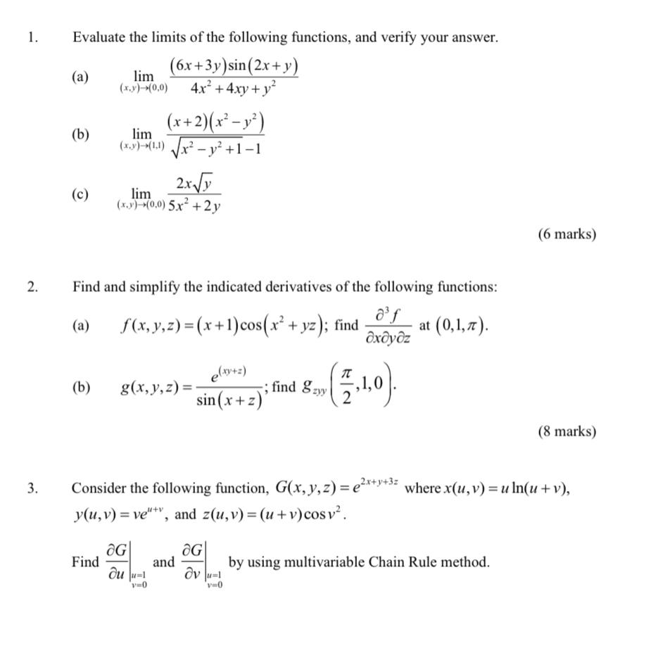 Solved 1. Evaluate The Limits Of The Following Functions, 