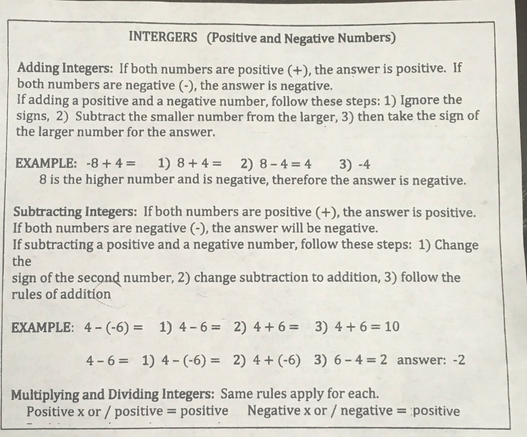 subtracting negative integers rules
