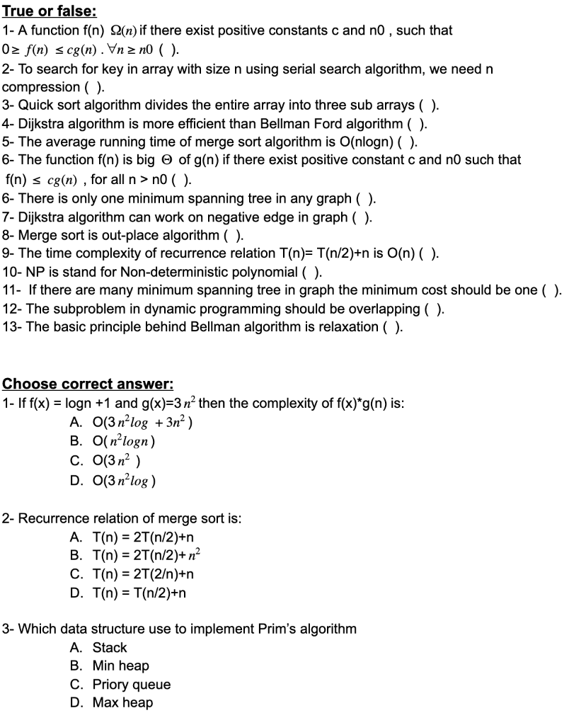 Solved Algorithms True Or False 1 A Function F N 2 N