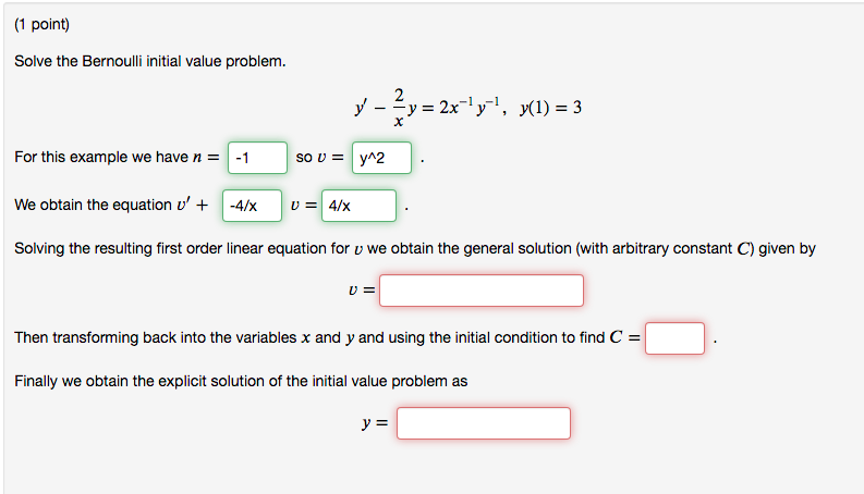 Solved 1 Point Solve The Bernoulli Initial Value Proble Chegg Com