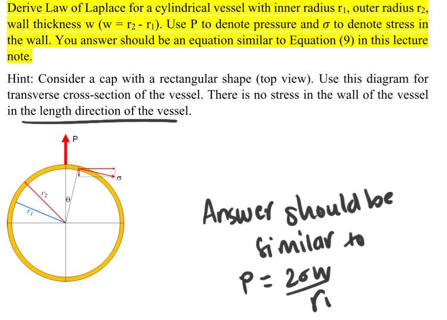 Solved Derive Law of Laplace for a cylindrical vessel with | Chegg.com