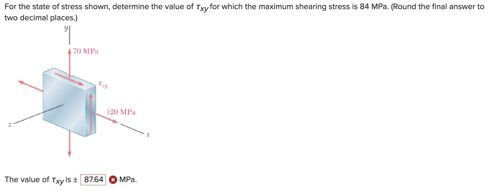 Solved For the state of stress shown, determine the value of | Chegg.com