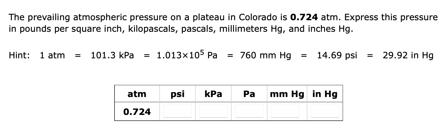 Conversion of pressure in different clearance units