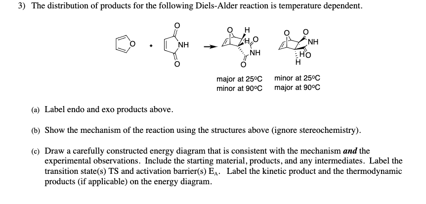 (a) Label endo and exo products above.
(b) Show the mechanism of the reaction using the structures above (ignore stereochemis