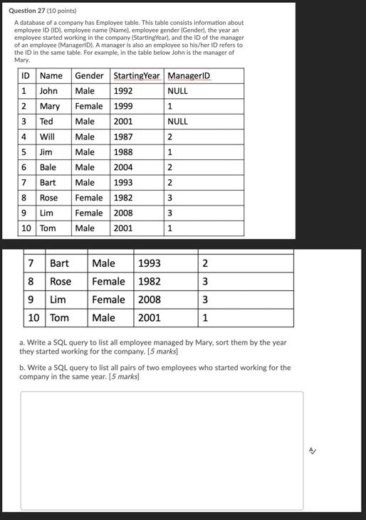 Solved Question 27 (10 points) A database of a company has | Chegg.com