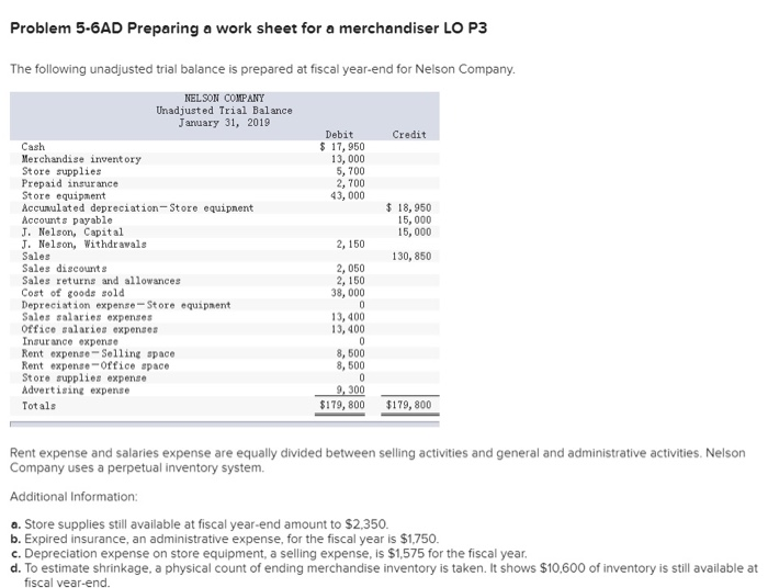 Solved Problem 5-6ad Preparing A Work Sheet For A 