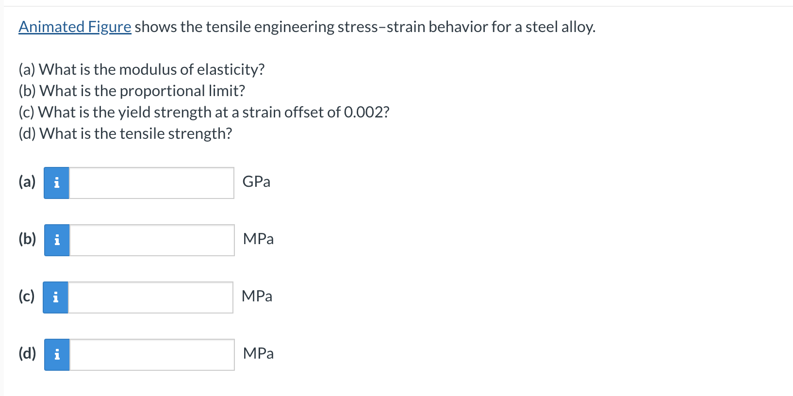 Animated Figure shows the tensile engineering stress-strain behavior for a steel alloy.
(a) What is the modulus of elasticity