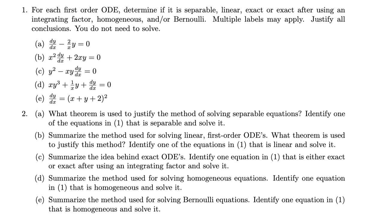 Solved 1. For Each First Order ODE, Determine If It Is | Chegg.com