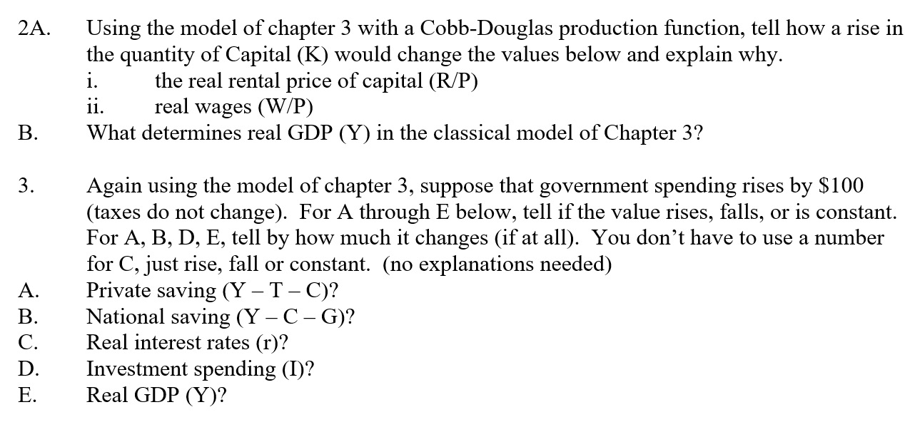 Solved 2A. Using the model of chapter 3 with a Cobb-Douglas | Chegg.com