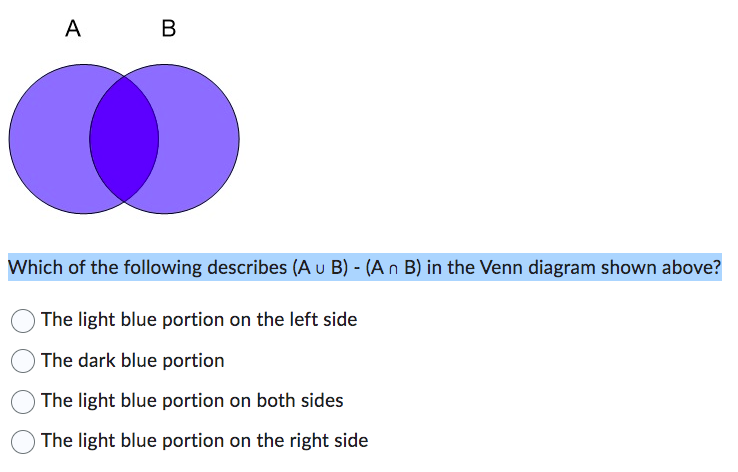 Solved Which of the following describes (A∪B)−(A∩B) in the | Chegg.com