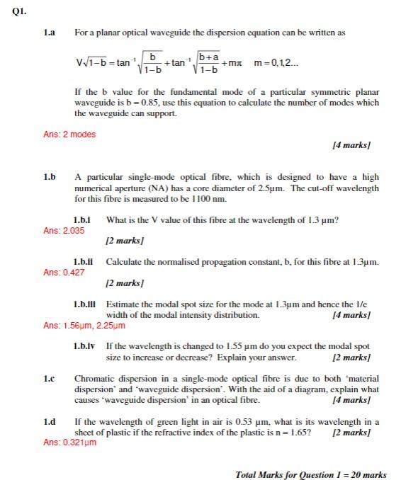 Solved Q1. 1.a For a planar optical waveguide the dispersion | Chegg.com