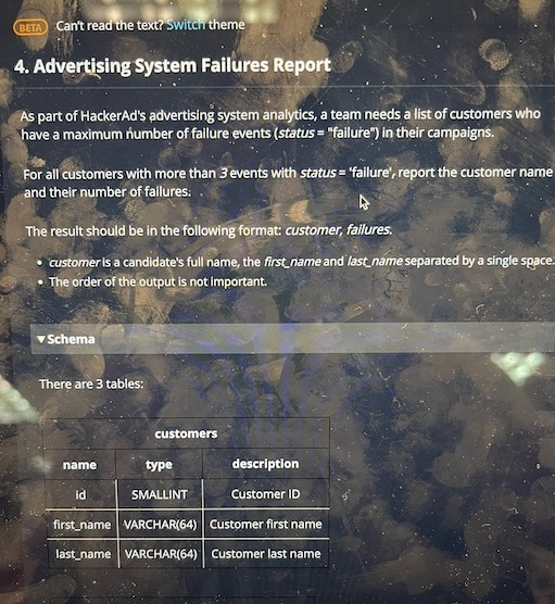 4. Advertising System Failures Report
As part of HackerAds advertising system analytics, a team needs a list of customers wh