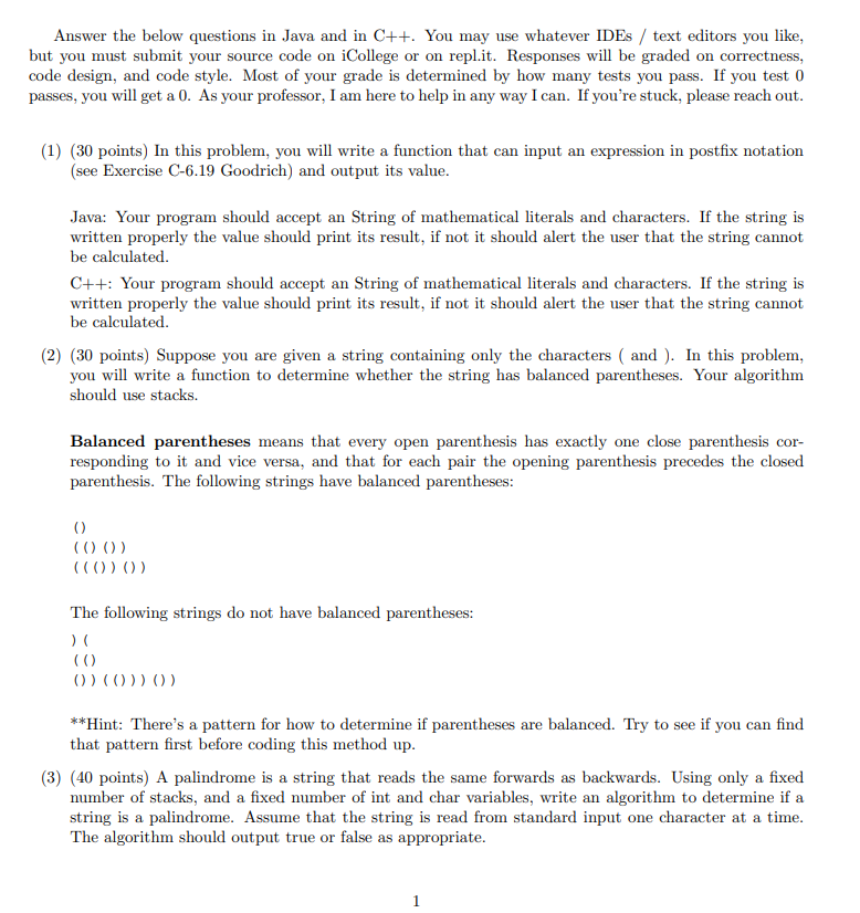 Solved Answer the below questions in Java and in C++. You | Chegg.com