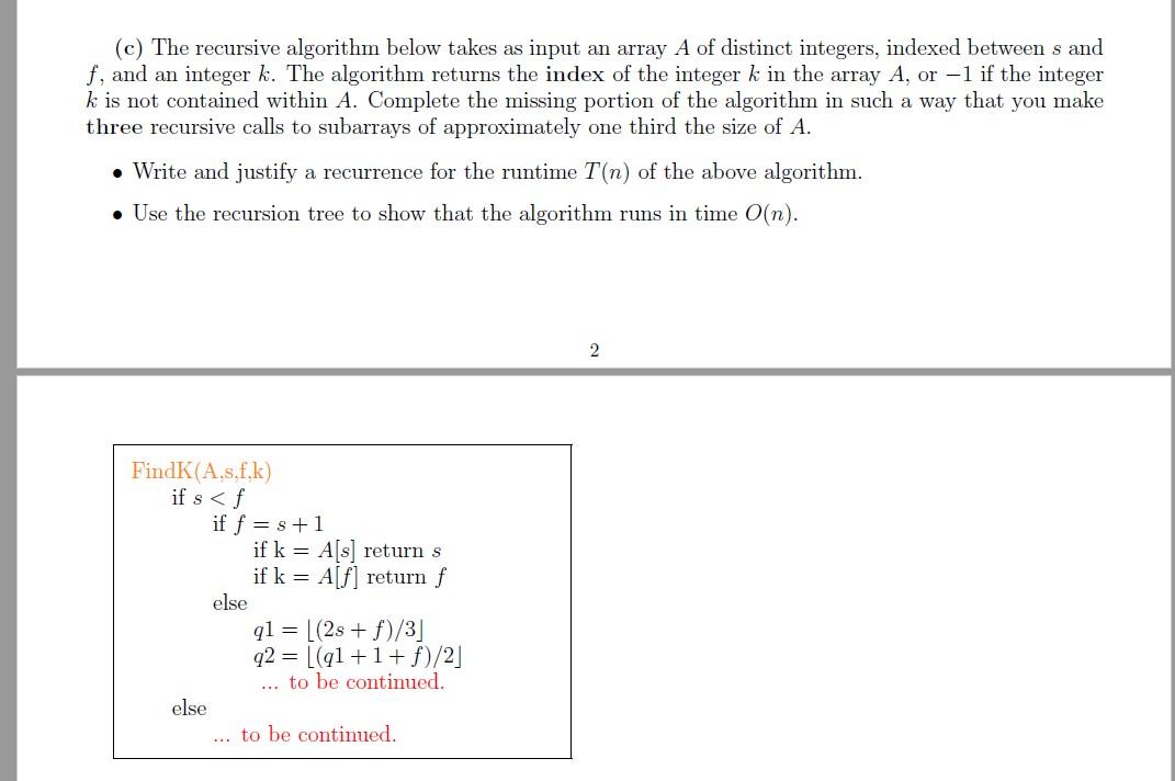 (c) The recursive algorithm below takes as input an | Chegg.com