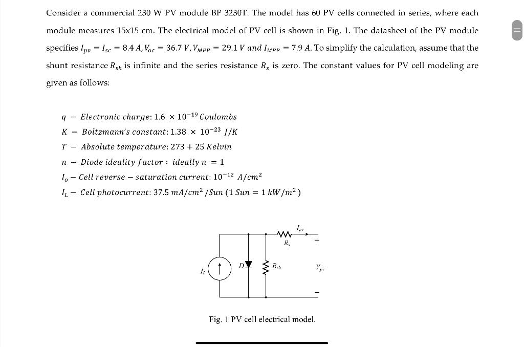 Solved Consider a commercial 230 W PV module BP 3230T. The | Chegg.com