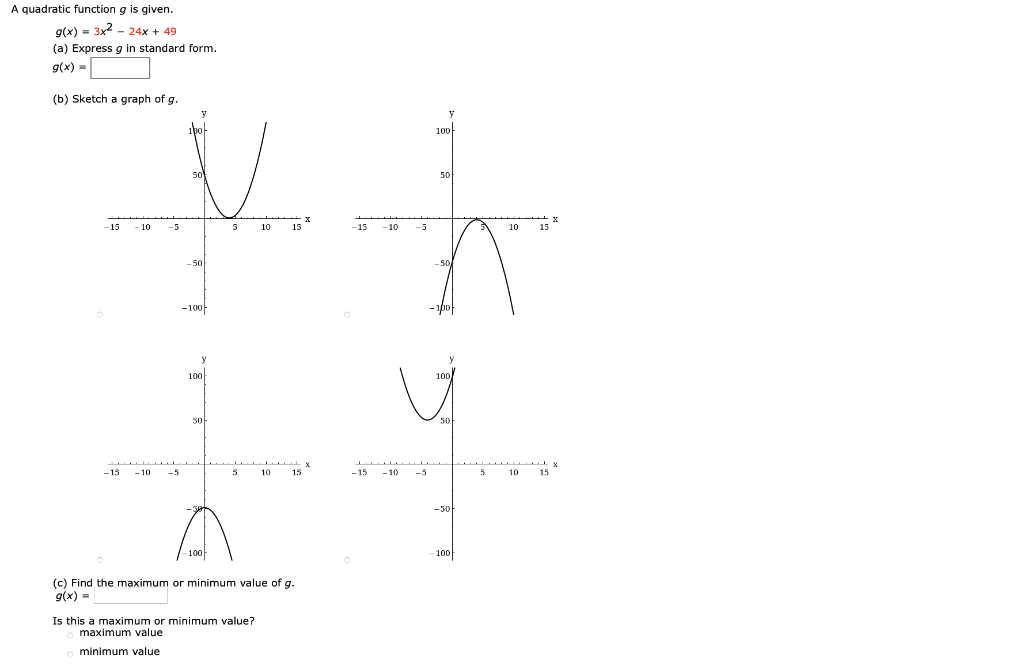 Solved A quadratic function g is given. g(x) - 3x2 - 24x + | Chegg.com