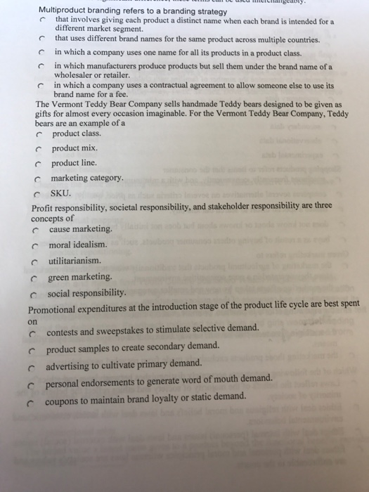 Solved Multiproduct branding refers to a branding strategy