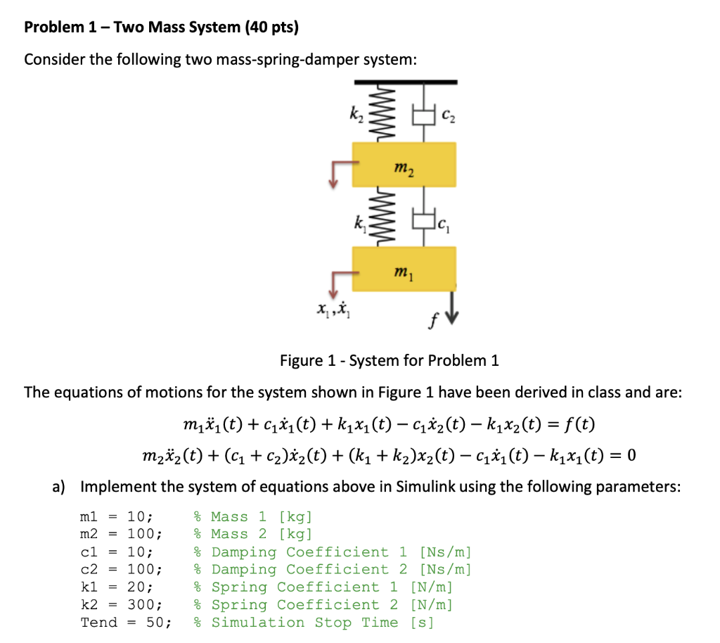 Solved Problem 1 - Two Mass System (40 pts) Consider the | Chegg.com