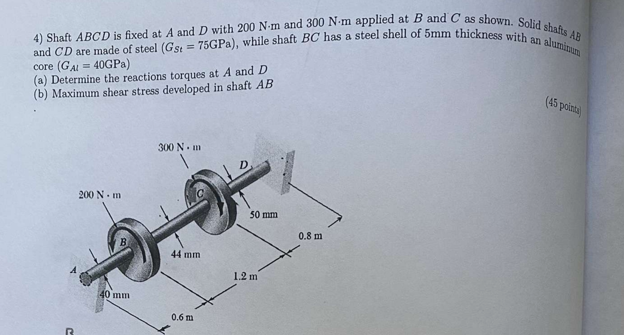 Solved 4) Shaft ABCD Is Fixed At A And D With 200 N⋅m And | Chegg.com