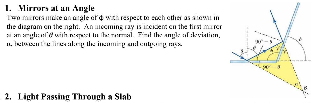 Solved 1. Mirrors at an Angle Two mirrors make an angle of ϕ | Chegg.com