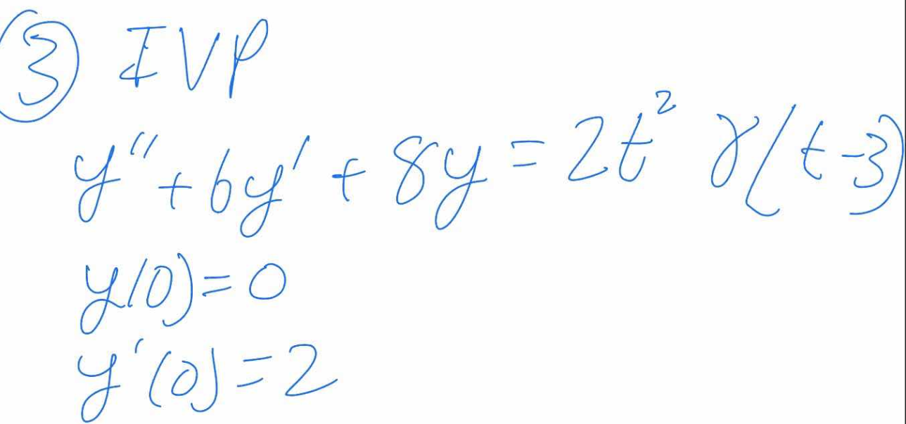 Solved (3) IVP y′′+6y′+8y=2t2γ(t−3)y(0)=0y′(0)=2 | Chegg.com