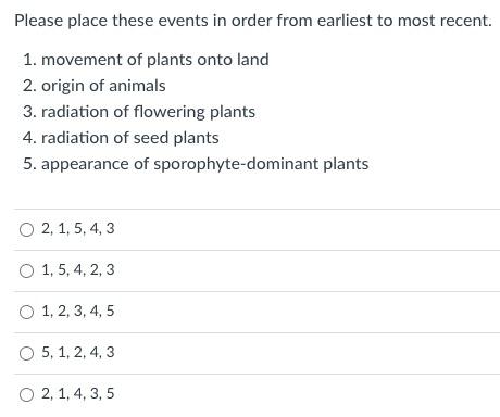 Please place these events in order from earliest to most recent. 1. movement of plants onto land 2. origin of animals 3. radi