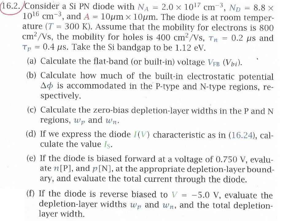 Solved 16.2. Consider a Si PN diode with NA = 2.0 x 1017 | Chegg.com